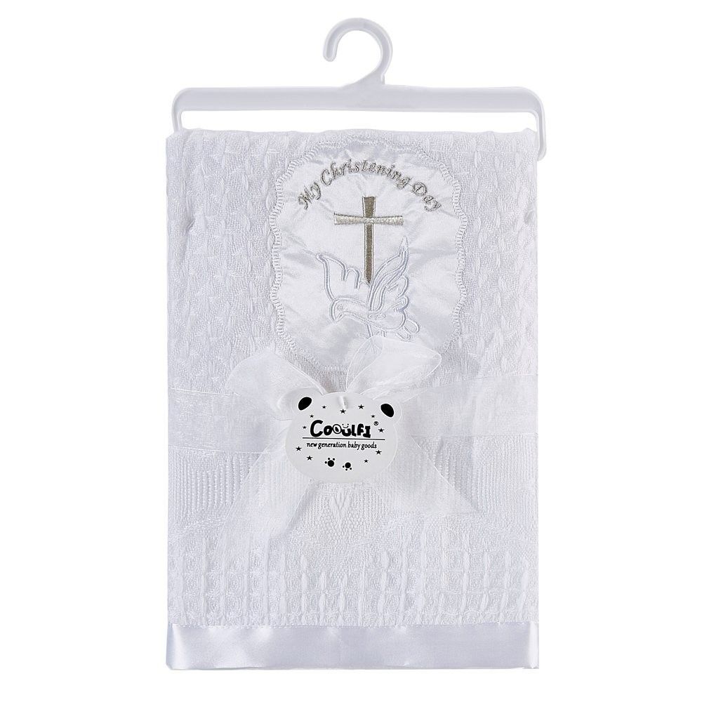 Booulfi Baby Blanket Cross Embroidered Christening Shawl White 36x50 Boy or Girl